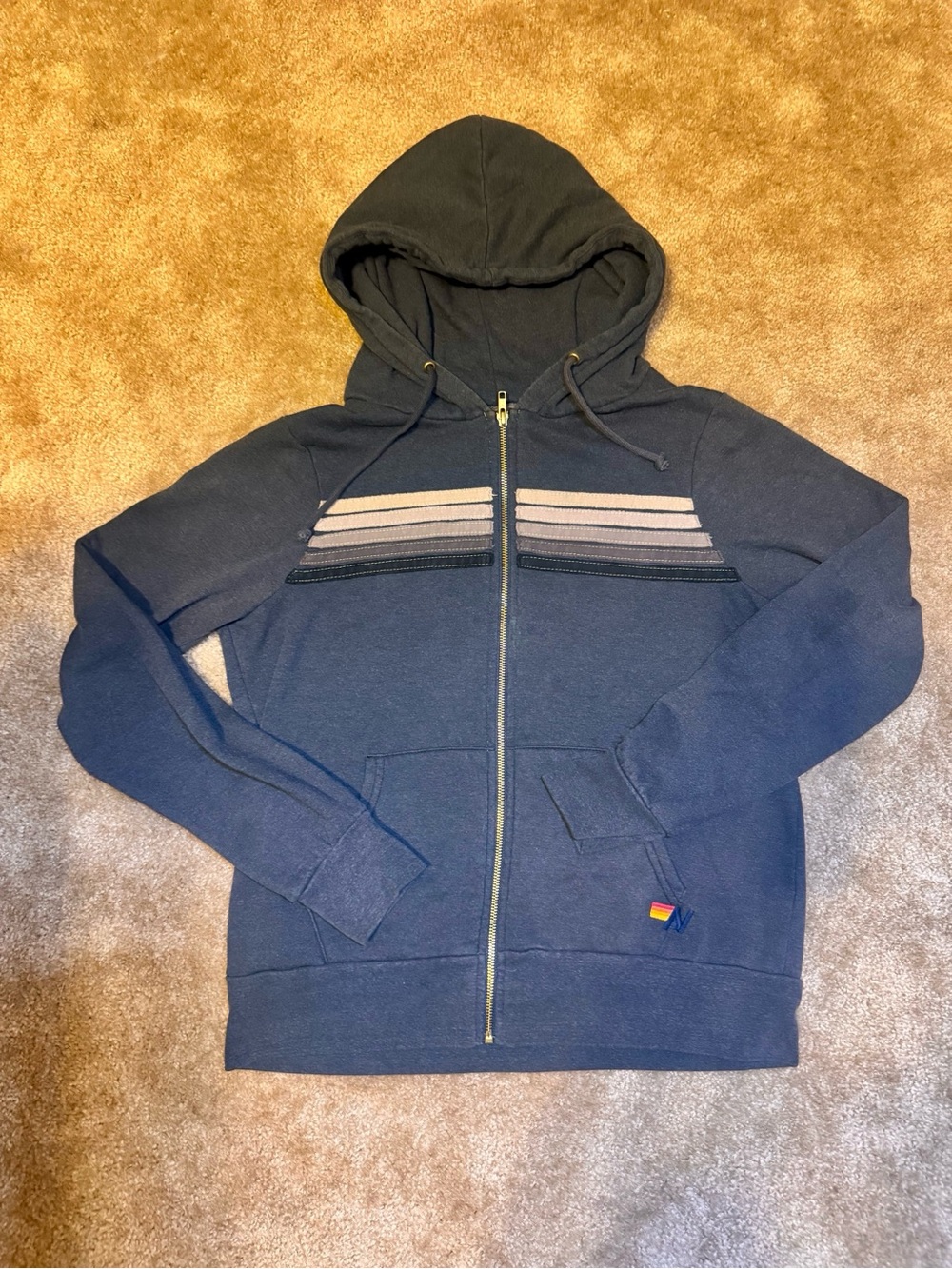 Aviator Nation Dark Grey Zip-Up Hooded Sweater with Vintage Chest Stripe